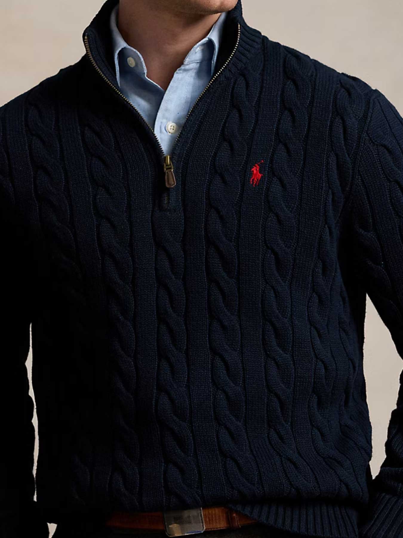 Ralph Lauren - Kabelstrickpullover mit Reißverschluss - Marineblau