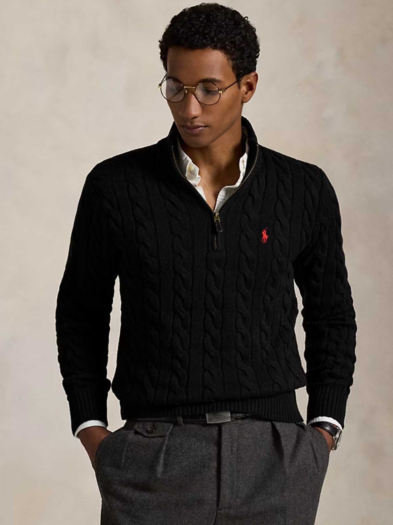 Ralph Lauren - Kabelstrickpullover mit Reißverschluss - Schwarz