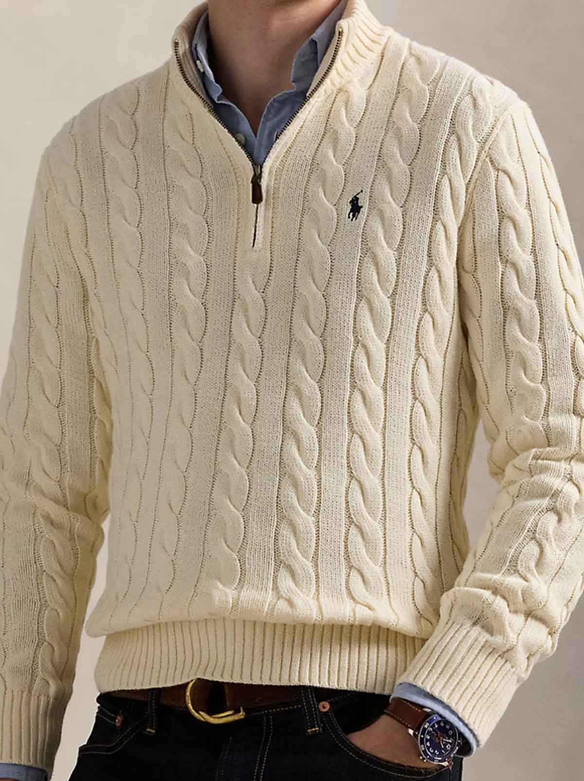 Ralph Lauren - Kabelstrickpullover mit Reißverschluss - Weiß