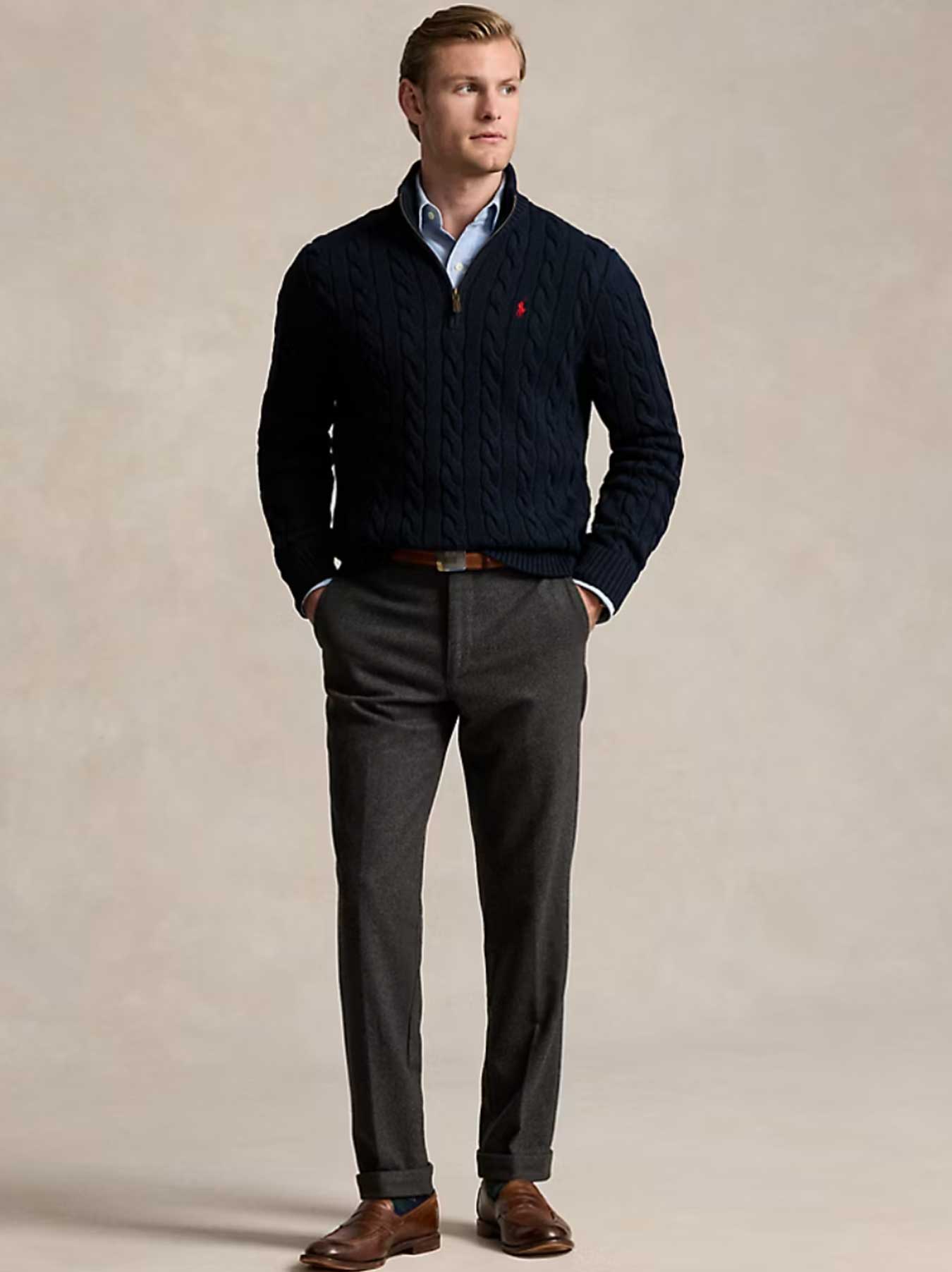 Ralph Lauren - Kabelstrickpullover mit Reißverschluss - Marineblau