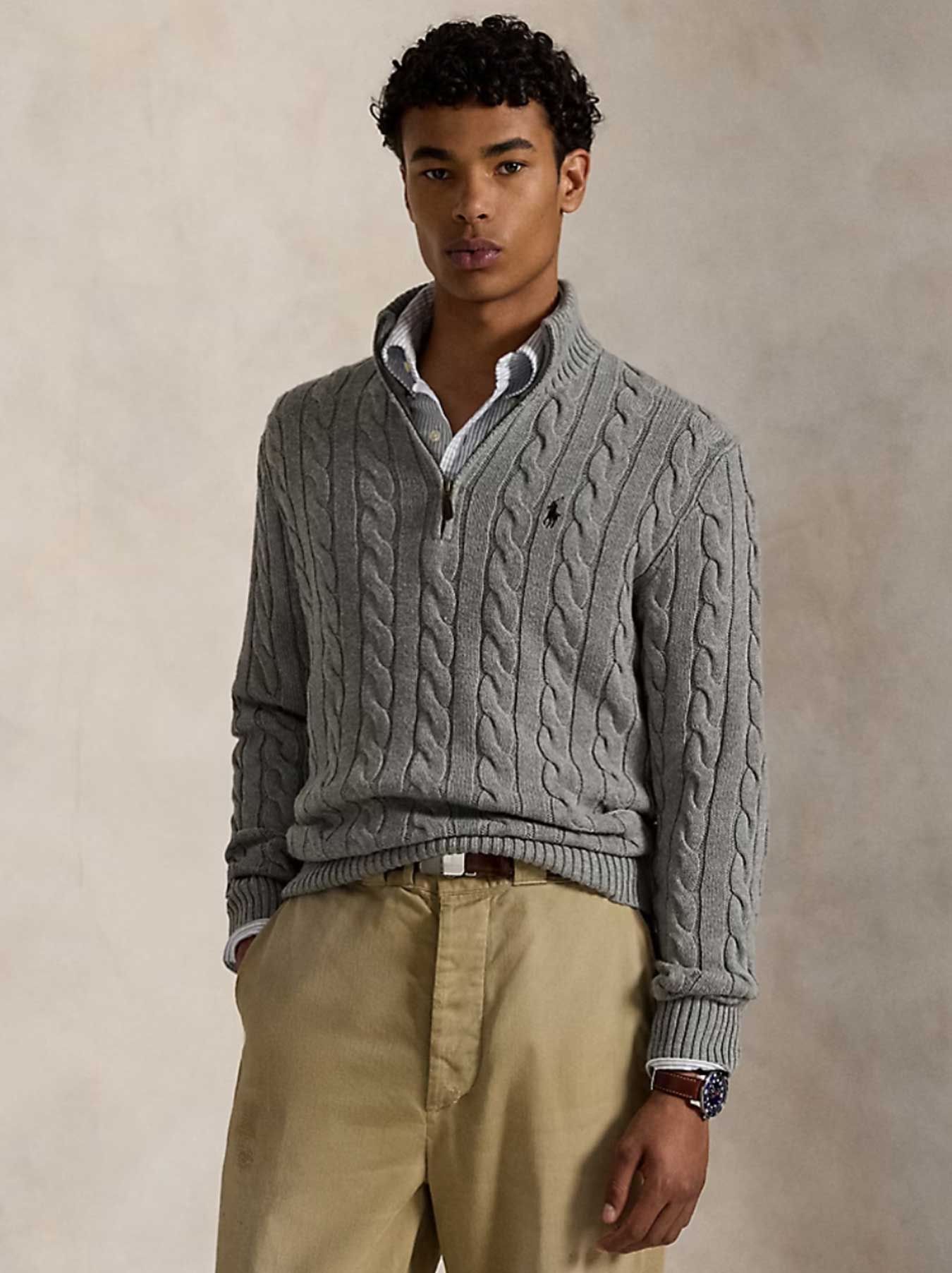 Ralph Lauren - Kabelstrickpullover mit Reißverschluss - Grau