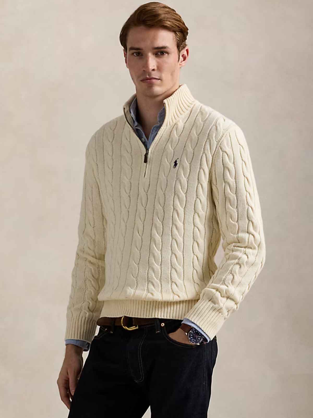 Ralph Lauren - Kabelstrickpullover mit Reißverschluss - Weiß