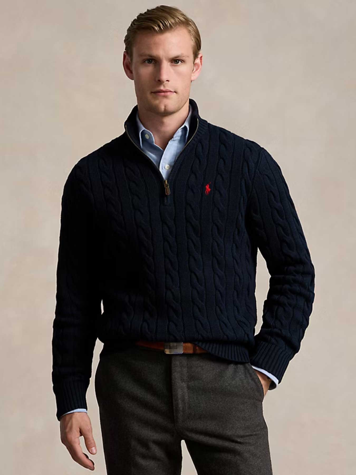 Ralph Lauren - Kabelstrickpullover mit Reißverschluss - Marineblau