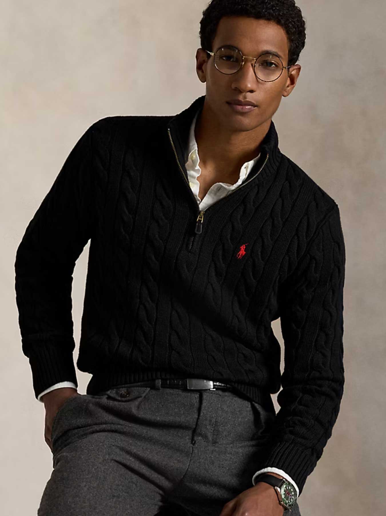 Ralph Lauren - Kabelstrickpullover mit Reißverschluss - Schwarz
